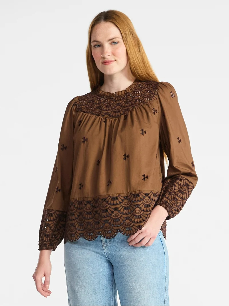 Time and Tru Women's Cotton Eyelet Blouse with Long Sleeves, Sizes XS-XXXL | Walmart (US)
