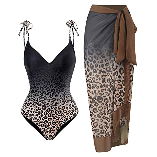 Women's One Piece Swimsuit with Cover up Beach Skirt Retro Leopard Floral Printed Swimsuit Bathing Suit Ruffle V-neck Monokini Swimwear Sarong Coverups Two Piece Bikini Set Beachwear Brown Leopard L | Amazon (US)