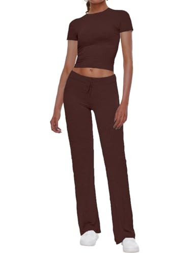 AnotherChill Women's 2 Piece Lounge Sets Straight Leg Pants Set Short Sleeve Crop T-shirt Casual Outfits Comfy Loungewear (Chocolate, Small) | Amazon (US)