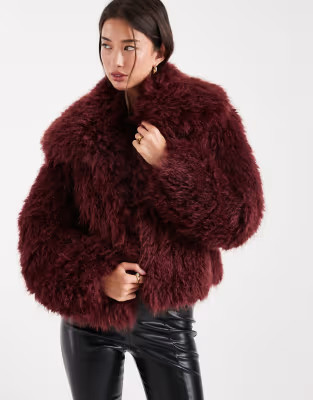 ASOS DESIGN cropped faux fur jacket in burgundy | ASOS (Global)