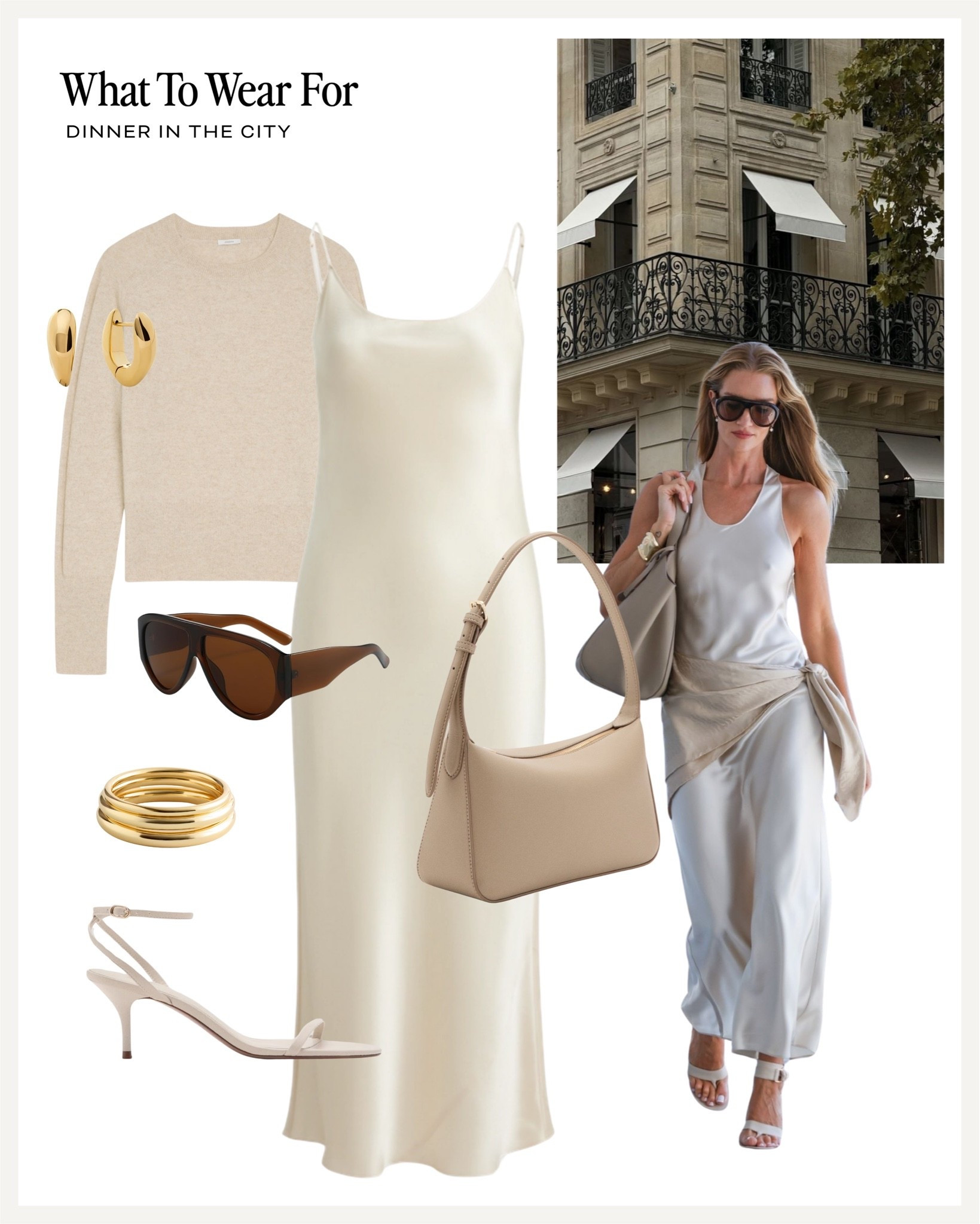 Dinner in the city 🍝 

Satin dress, neutral outfit, effortlessly chic, Rosie Huntington Whitley style, kitten heels, beige knit

#LTKsummer
