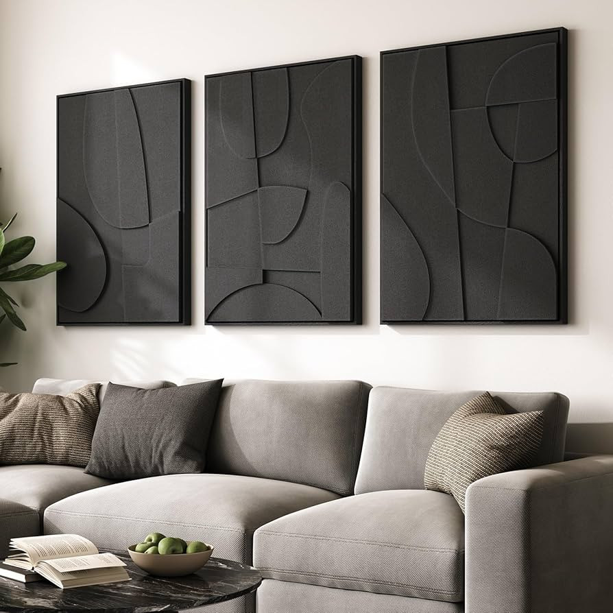 Large 3D Textured Framed Black Abstract Wall Art for Living Room, 3 piece Modern Minimalist Geome... | Amazon (US)