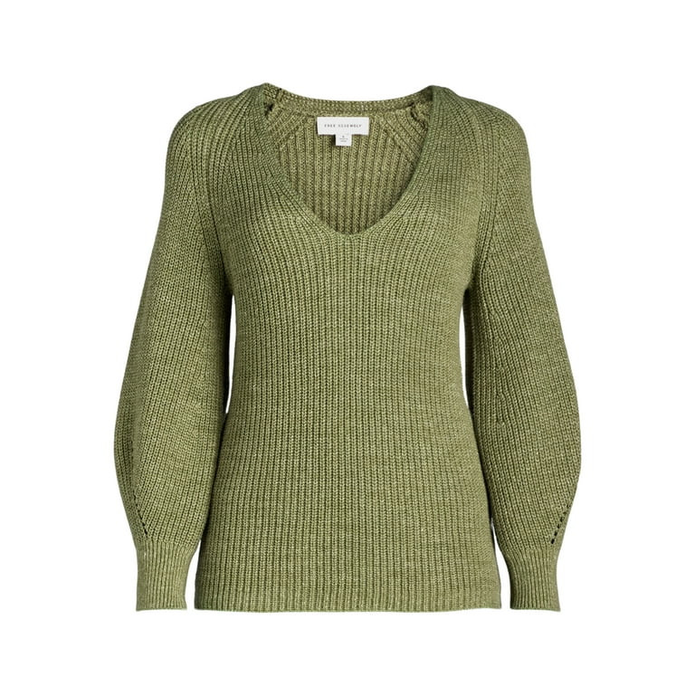 Free Assembly Women's V-Neck Sweater with Long Puff Sleeves, Midweight, Sizes XS-XXL - Walmart.co... | Walmart (US)