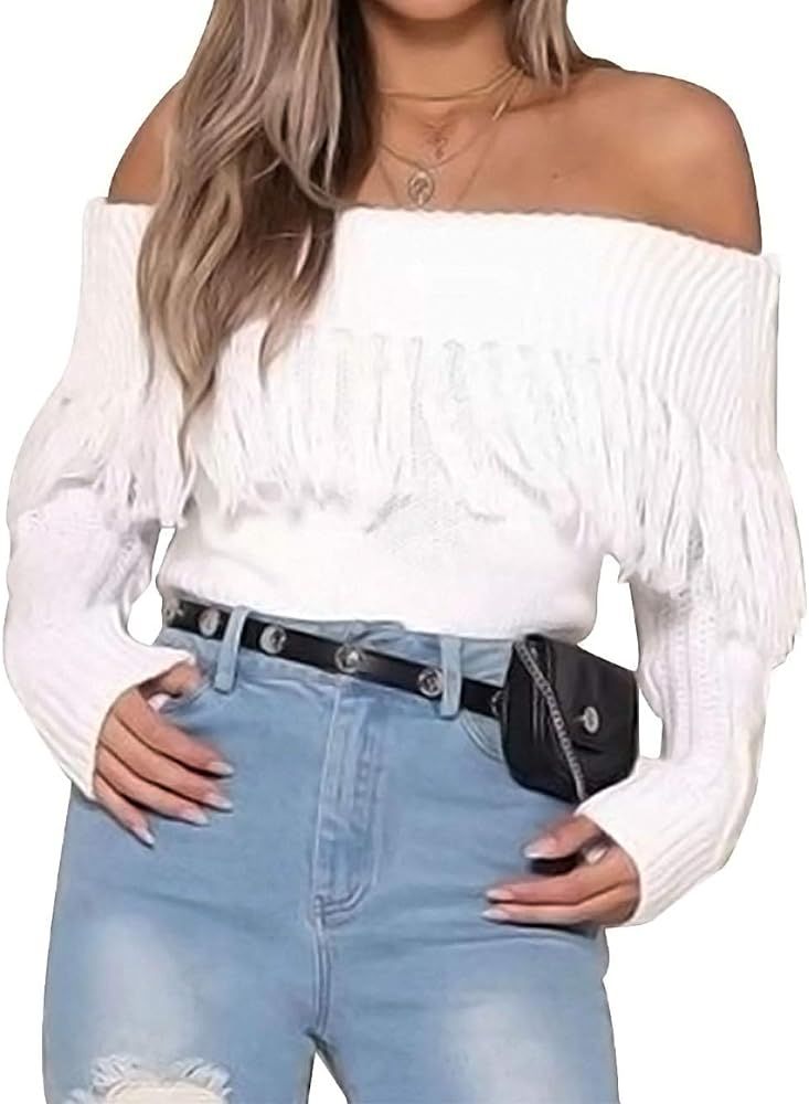 xxxiticat Women's Sexy Tassel Off Shoulder Fringe Cardigan Long Sleeve Pullovers Sweaters | Amazon (US)