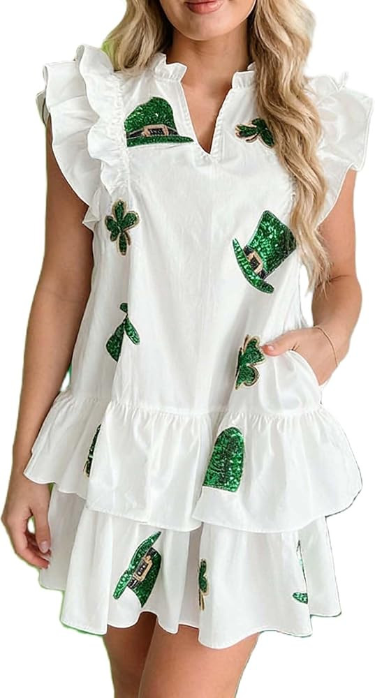 Womens Sequin Patch Babydoll Mini Dress Glitter Sparkle Short Puff Sleeve Tunic Ruffled Tiered Pa... | Amazon (US)