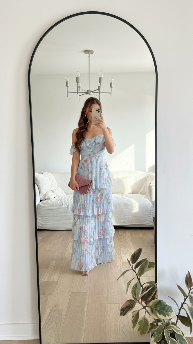 Dreamy blue and pink floral tiered maxi dress 💙 with soft ruffles and pastel florals, styled with a mauve clutch for a romantic spring wedding guest look 🌸. Perfect for garden weddings, bridal showers, and outdoor ceremonies. 

 #LTKootd #LTKWedding