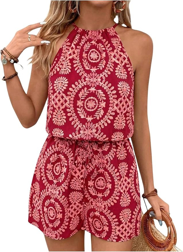 SweatyRocks Women's Allover Print Sleeveless Halter Jumpsuit High Waist Cami Romper with Pocket | Amazon (US)