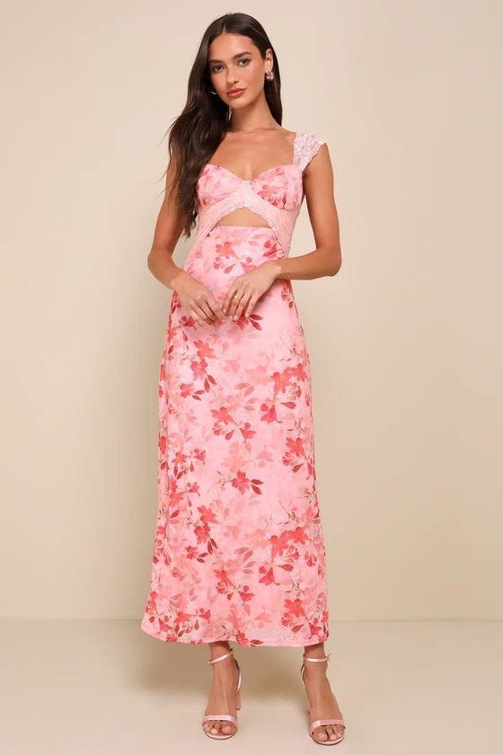 Endlessly Cute Pink Floral Mesh Cutout Lace Bustier Maxi Dress | Lulus