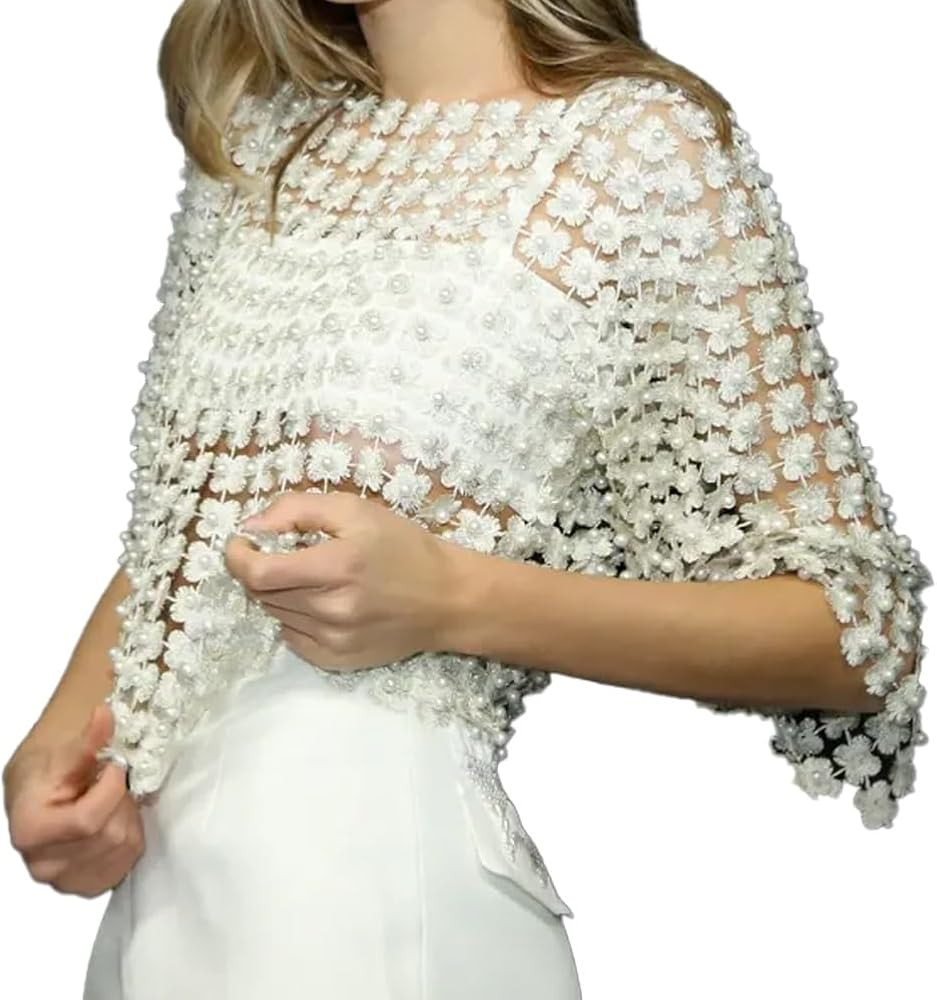 Women's Beaded Floral Cutout Long Sleeve Top Coverup Sheer Rhinestone Sparkly Mesh Fur Trim Crop ... | Amazon (US)