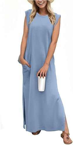GRECERELLE 2026 Women Year-Round Casual Round Neck Loose Split Wrinkle-Free Long Maxi Vacation Dr... | Amazon (US)