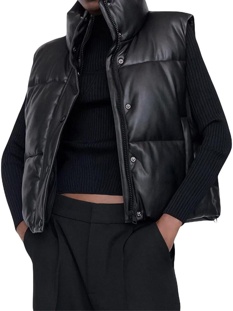 Women‘s Faux Leather Puffer Vest Cropped lightweight Down Jacket Sleeveless Stand Collar Padded Wint | Amazon (US)
