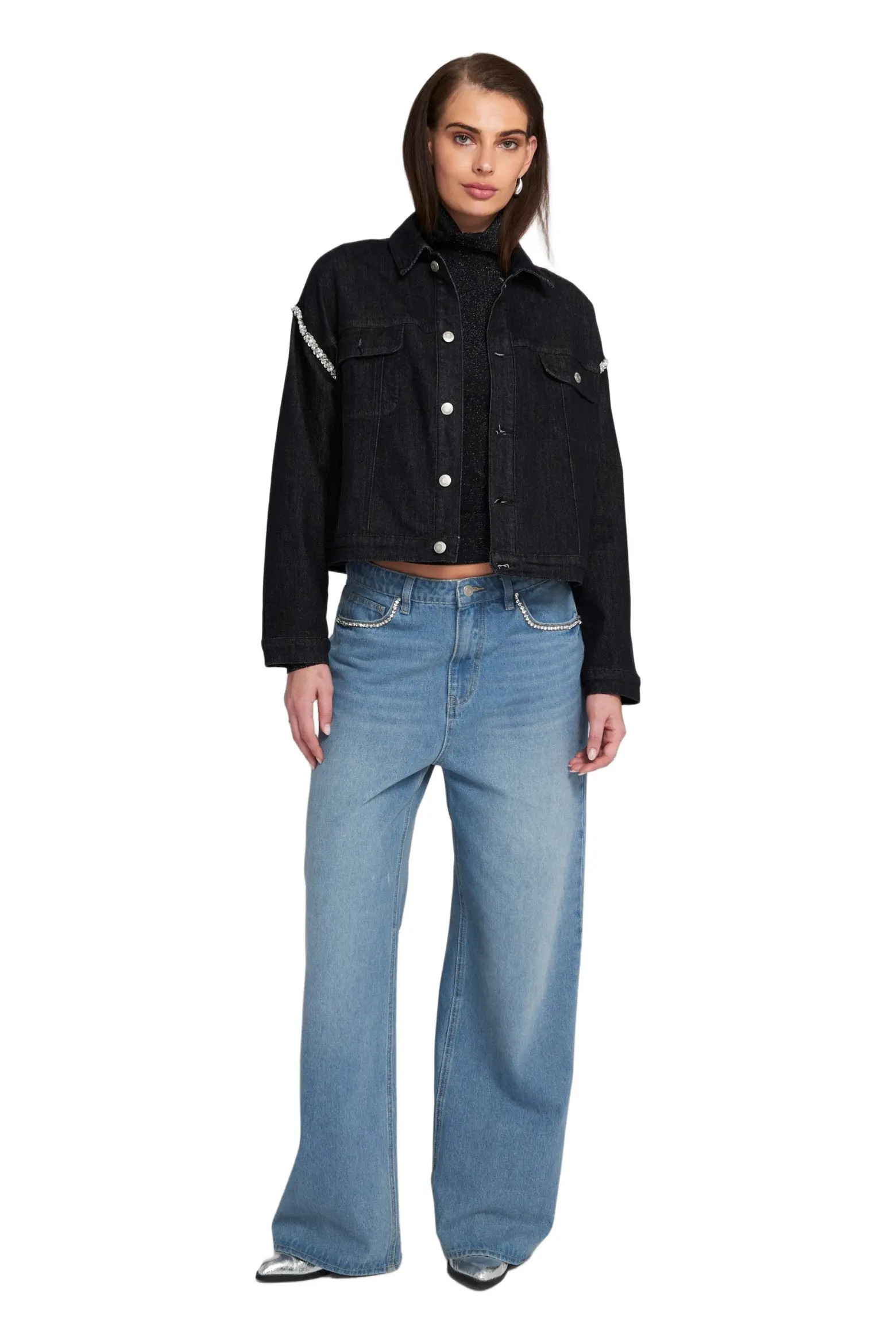 ELLE Collection Rhinestone Trim Denim Jacket (Women) | Nordstrom | Nordstrom