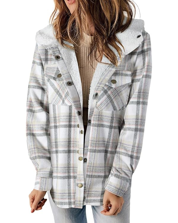 Dokotoo Womens Plaid Shacket Jacket Long Sleeve Button Down Fleece Hooded Jackets Warm Coat | Amazon (US)