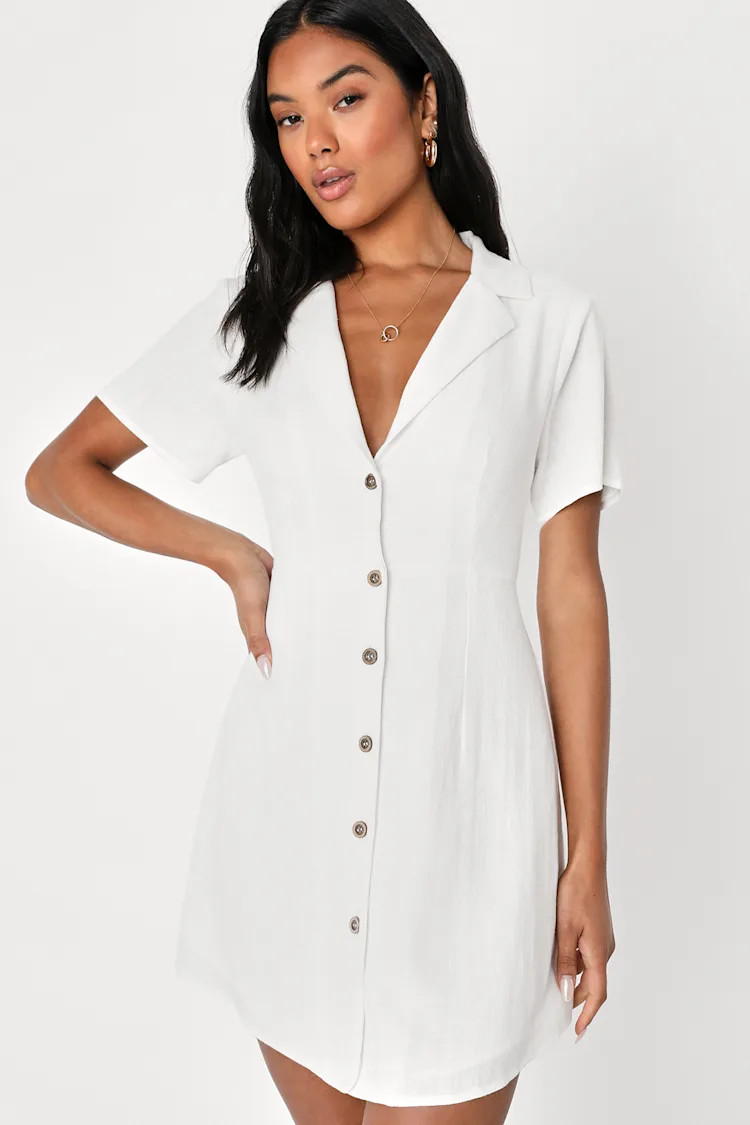 Central Park Sweetie White Linen Collared Button-Up Mini Dress | Lulus (US)