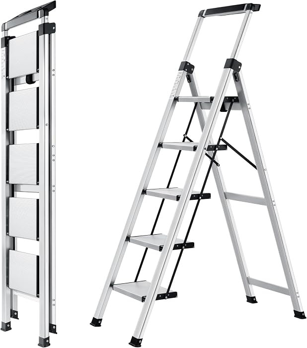 5 Step Ladder, Retractable Handgrip Folding Step Stool with Anti-Slip Wide Pedal, Aluminum Stool ... | Amazon (US)