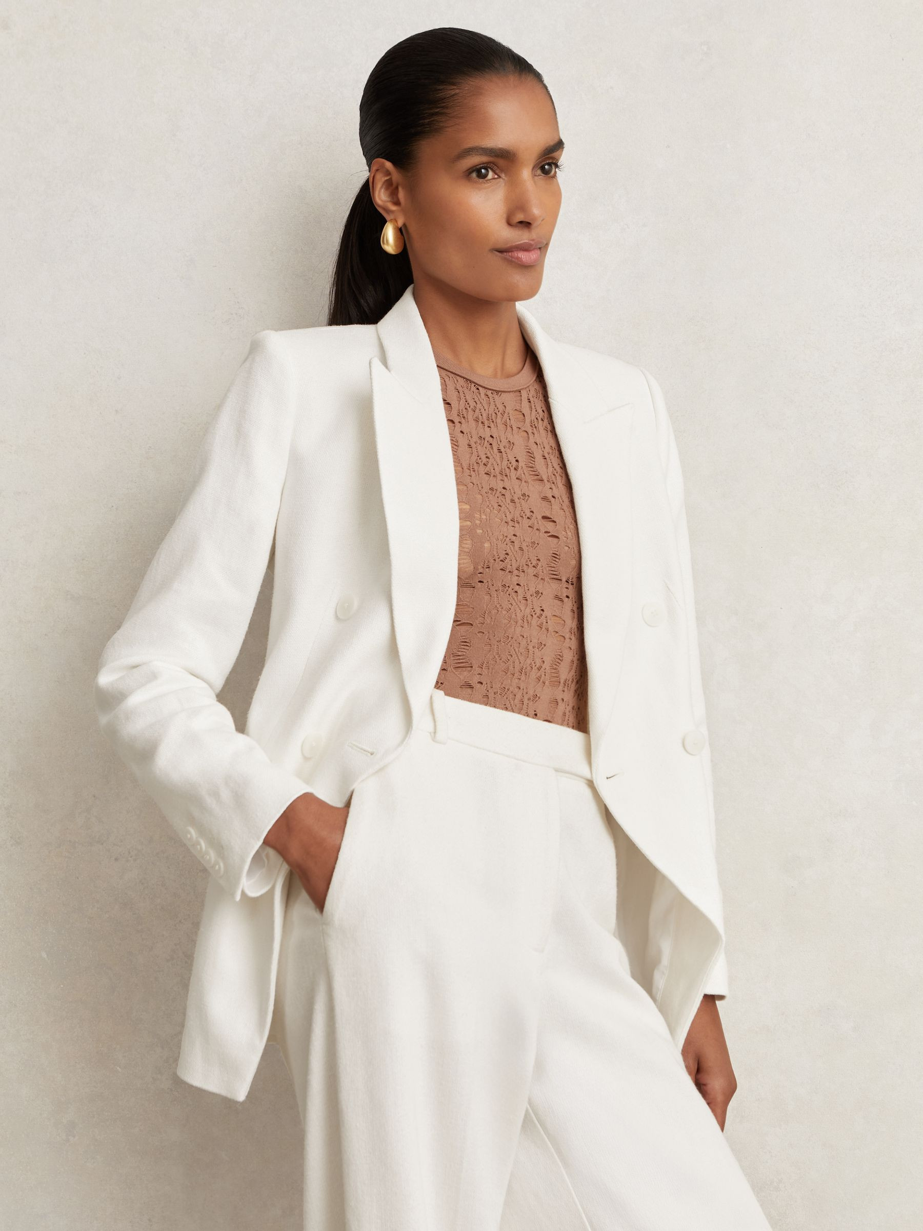 Reiss Linen-Blend Double-Breasted Suit Jacket in White - REISS | Reiss UK