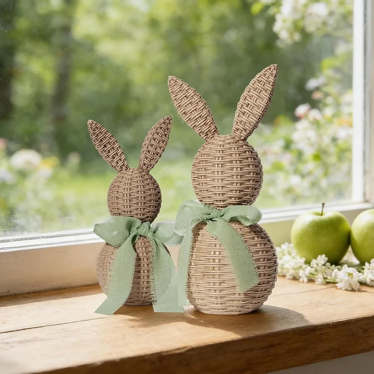 2Pcs Woven Wicker Easter Bunny with Light Green Bow, Rattan Rabbit Easter Decorations for Farmhou... | Walmart (US)