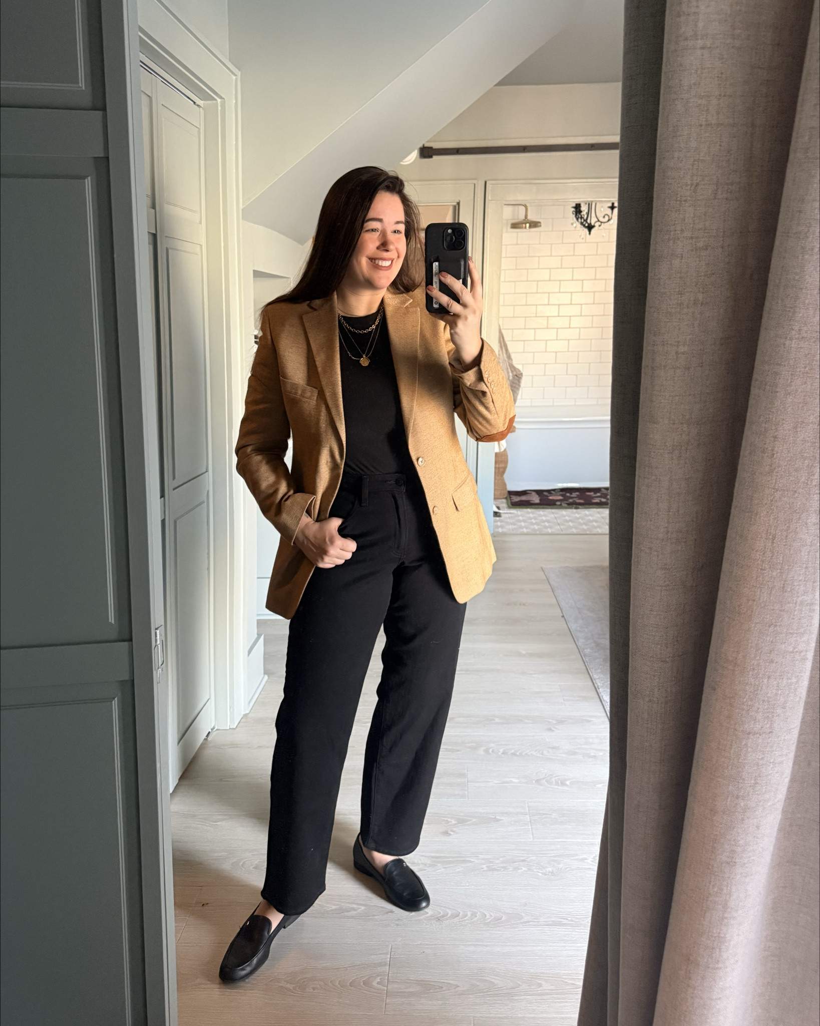 $26 black jeans two ways! I am really liking the fit on these. Great length for loafers 👍🏼 Thrifted blazer and cardigan. 

#LTKmomlife #LTKMidsize #LTKootd