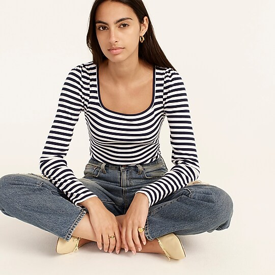 Ribbed stretch-cotton squareneck T-shirt in stripe | J. Crew US