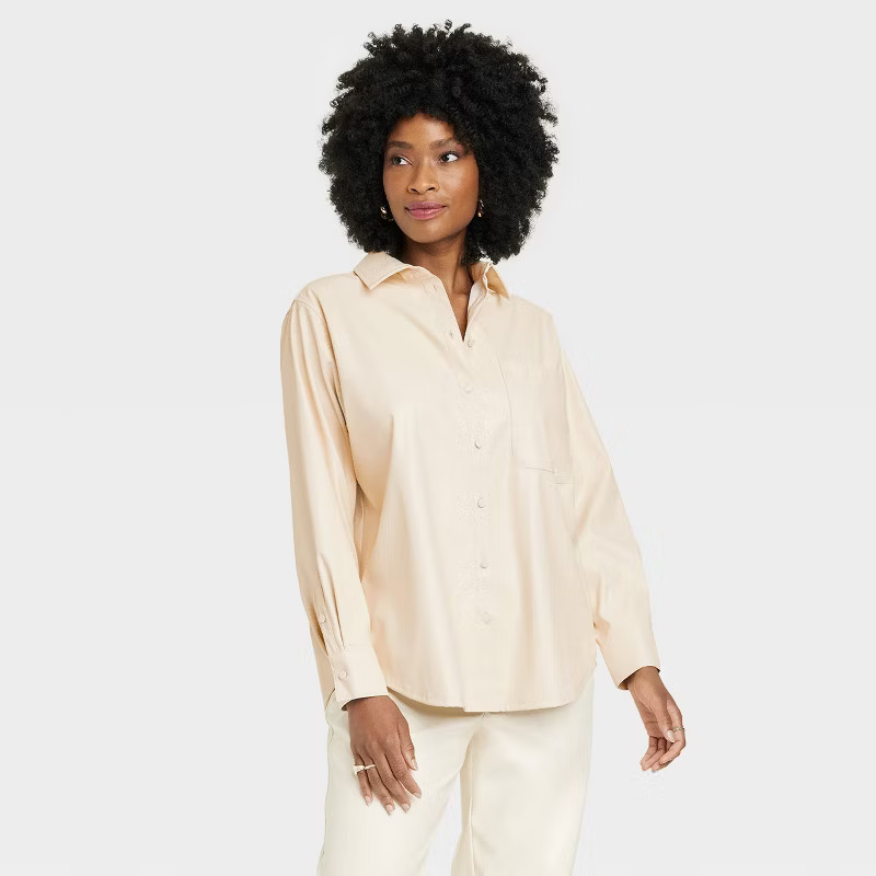 Women's Long Sleeve Faux Leather Button-Down Shirt - A New Day™ | Target