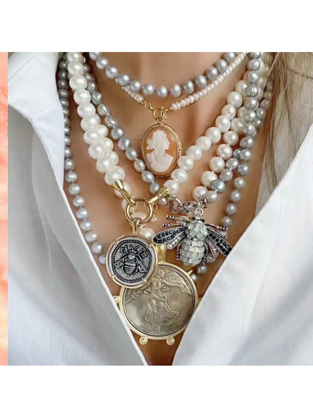 Funky Jewelry Luxury Chunky Gold Color Christ Glass Pearl Cross Charm Pendant Toggle Clasp Neckla... | SHEIN