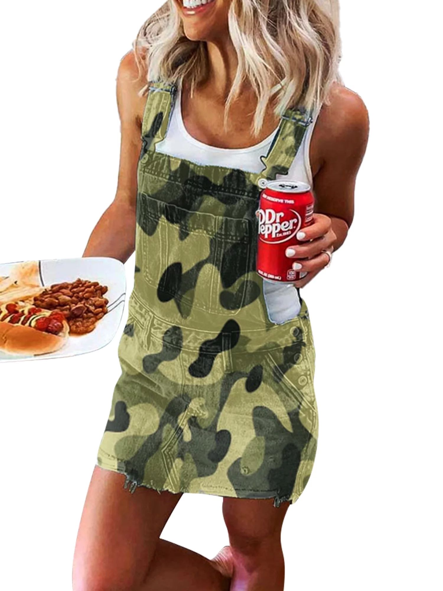 Frobukio Women's Bib Overall Dress Adjustable Shoulder Strap Denim Dress with Pockets Camouflage ... | Walmart (US)