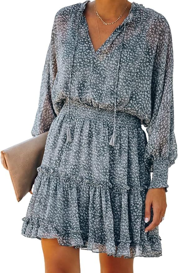 Sidefeel Womens V Neck Sleeveless Ruffle Mini Short Skirt Dresses | Amazon (US)