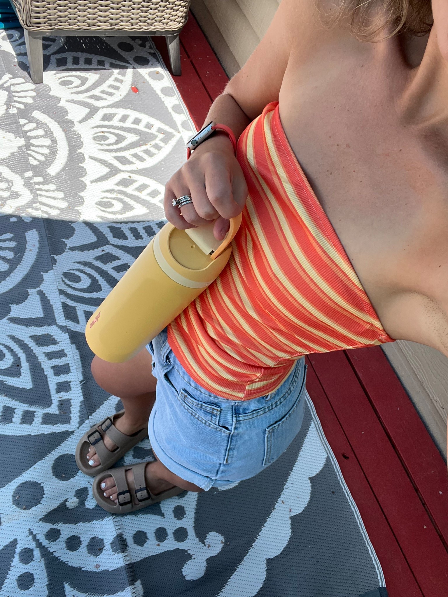 colorful, comfy, casual ☀️ this outfit is giving golden hour energy all day—striped orange + yellow tube top, rolled mom shorts, squishy amazon sandals (seriously feel like clouds), coral apple watch band, my fav citrus mug, and my yellow owala water bottle that’s basically a summer accessory at this point 🍊🍋 everything is affordable, cute, and made for slow sunny mornings or spontaneous iced coffee runs.
#LTKsummer #LTKamazonfinds #AbercrombieShorts #CuteSummerOutfits #OwalaBottle #ColorfulOutfitInspo #AmazonFashionFinds #HotWeatherStyle #MomStyleThatHits #AffordableOutfitInspo #TubeTopVibes #RolledShortsStyle #AmazonSandals #StayHydratedInStyle #CuteAndComfyOOTD #BrightMomStyle #SummerStyleOnABudget 

#LTKSeasonal #LTKStyleTip #LTKFindsUnder50