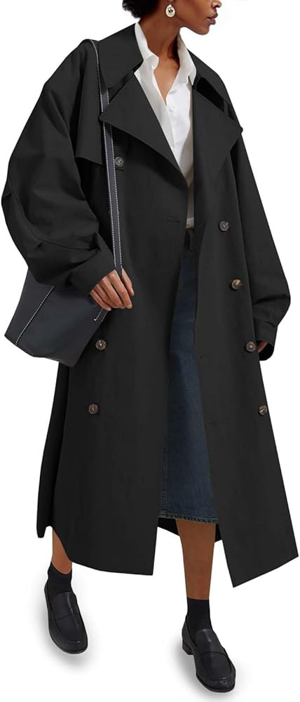 Tankaneo Womens Double Breasted Long Trench Coat Oversized Classic Lapel Belted Overcoat | Amazon (US)