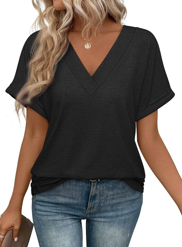 ATHMILE V Neck T Shirts for Women Summer Tops Soft Casual Short Sleeve Cute Basic Trendy Outfits ... | Amazon (US)