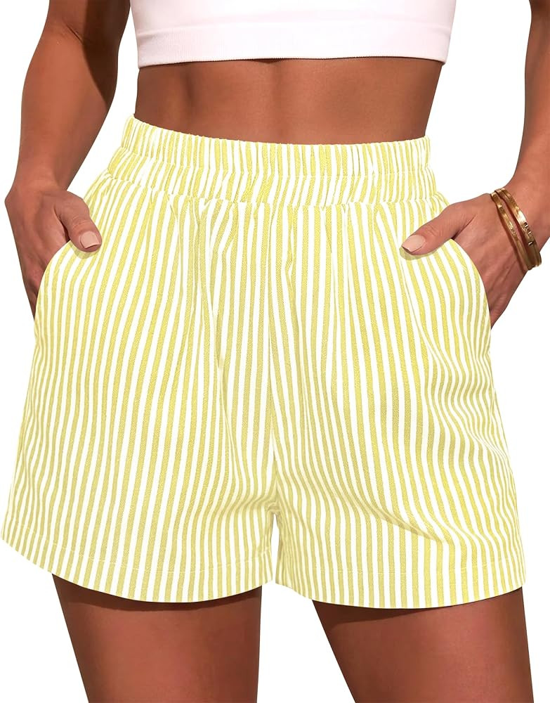 Diosun Womens Striped/Gingham Boxer Shorts Summer Casual Beach Shorts Elastic Waist Straight Leg ... | Amazon (US)