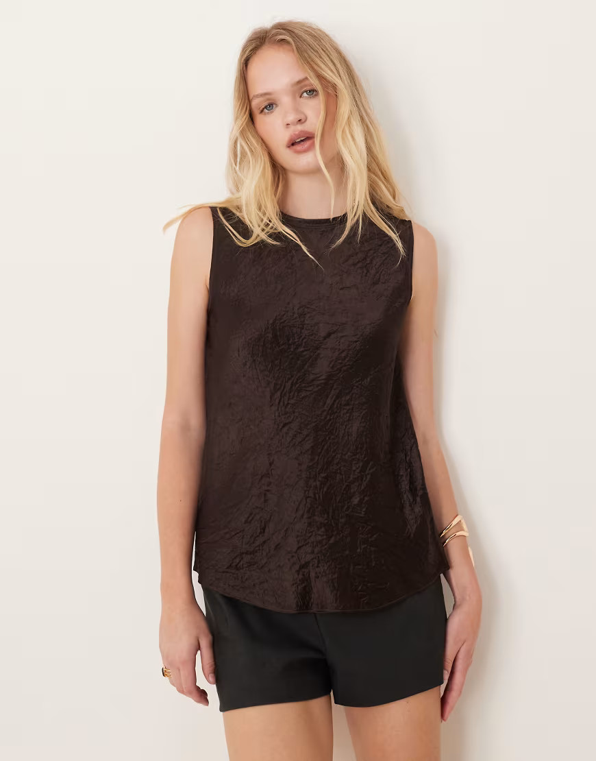 Mango sleeveless crushed satin top in brown | ASOS (Global)