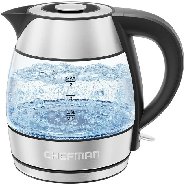 Chefman Rapid Boil Glass Kettle, 1.2 Liter, 1500 Watts for Fastest Boiling Speed, Stainless Steel | Walmart (US)
