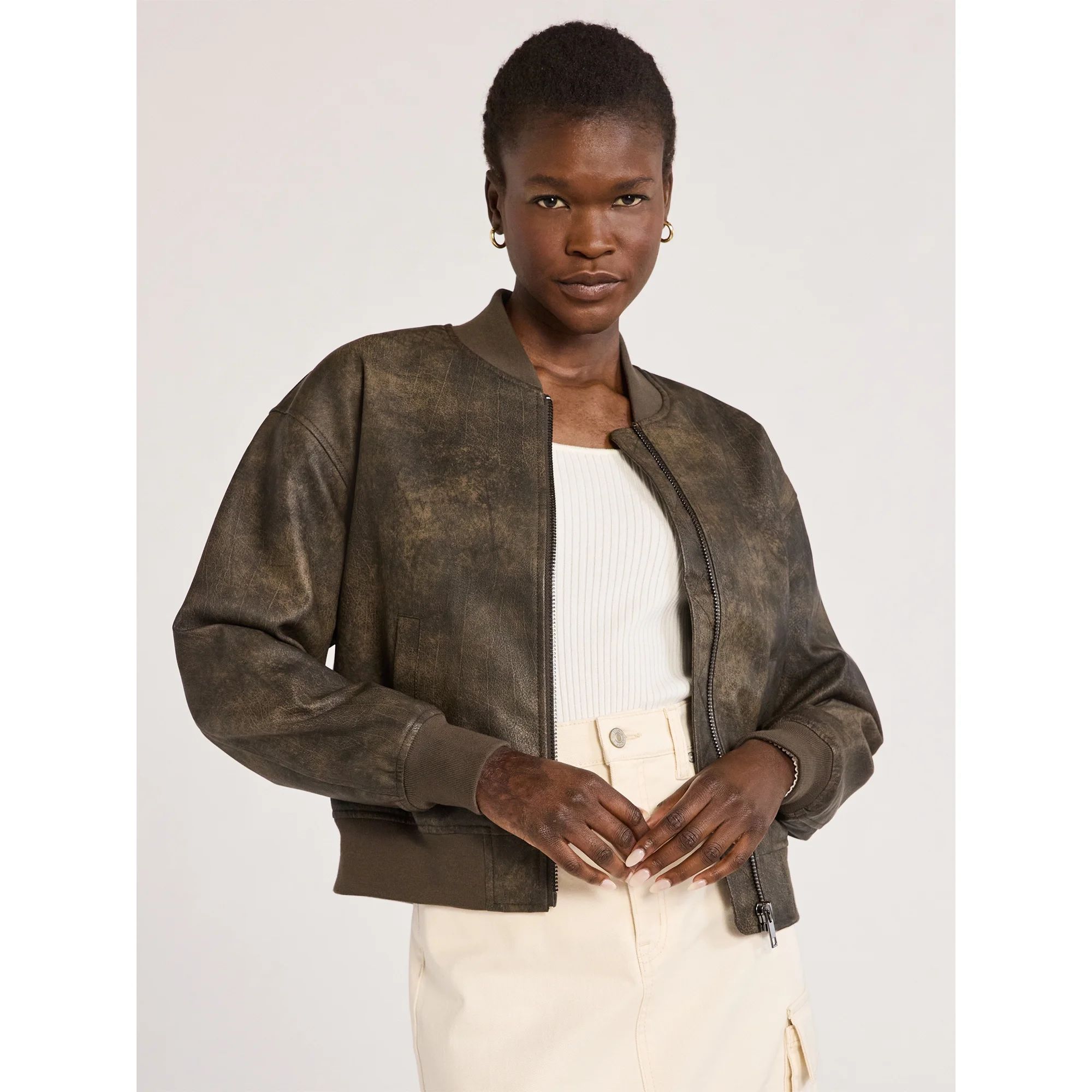 Scoop Women’s Distressed Faux Leather Cropped Bomber Jacket, Sizes XS-XXL | Walmart (US)