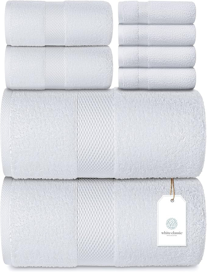 Luxury White Bath Towel Set of 8 Pieces - 100% Combed Cotton Hotel Quality Highly Absorbent Towel... | Amazon (US)