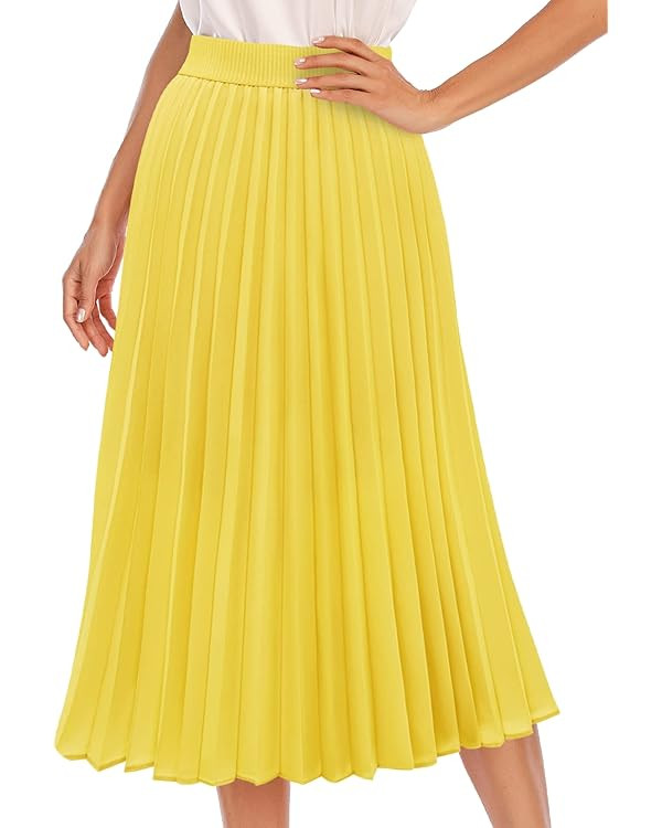 DRESSTELLS Pleated Midi Skirts for Women, Aline Long High Elastic Waisted Summer Flowy Chiffon Sw... | Amazon (US)