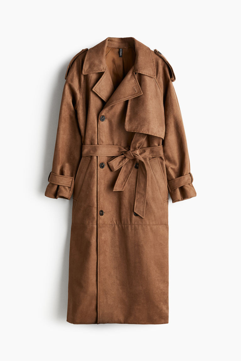 Napped trench coat - Long sleeve - Long - Brown - Ladies | H&M GB | H&M (UK, MY, IN, SG, PH, TW, HK)