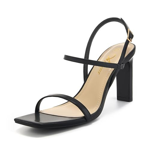 Athlefit Women's Black Heels Square Open Toe Strappy Sandals Ankle Strap Dressy High Heels Leather Prom Shoes Size 9 | Amazon (US)