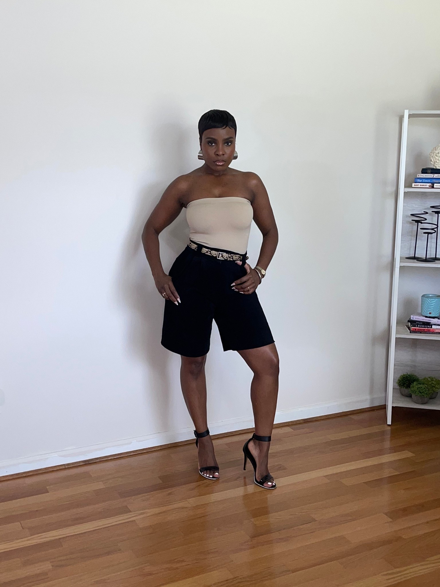 Black leather knee shorts, tan tube top, black strappy set sandals, edgy summer fashion, black suede Bermuda shorts

#LTKStyleTip #LTKSeasonal #LTKSummerEdit