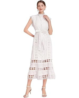 LAI MENG FIVE CATS Women's Sleeveless Hollow Out Lace Button Up Casual Midi Party Dress with Belt | Amazon (US)