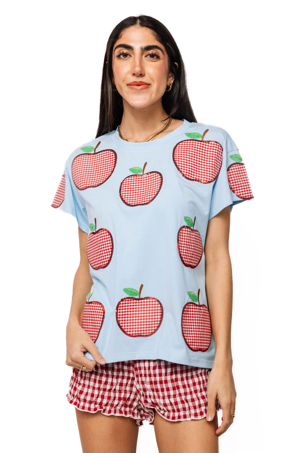 Light Blue & Red Gingham Apple Tee | Queen of Sparkles