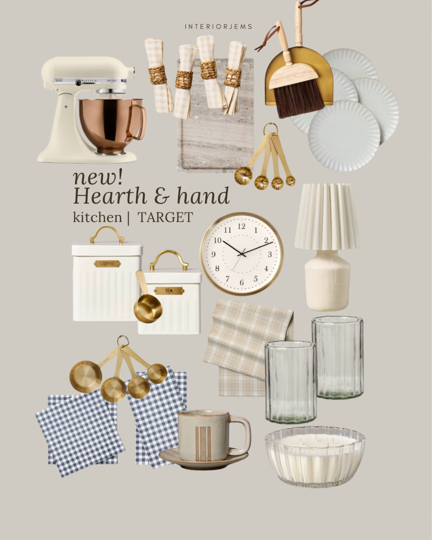 Brand new kitchen from hearth and hand for target, some of this will be released on the 22nd so make sure to put them in your card because they sell out fast, kitchen, accessories from hearth and hand, wall clock, kitchen, lamp, coffee container, measuring spoons, dish, towels, drinking glass, marble tray, KitchenAid mixer, the cutest dust pan

#LTKStyleTip #LTKHome #LTKSaleAlert