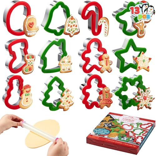 JOYIN 13 Pcs Christmas Cookie Cutters in Stainless Steel with 3.5í plus Grip and a Rolling Pin for Xmas Holiday Cookies Baking, Snowflake Cookies, Gingerbread Cookies, Party and Baking Gift | Amazon (US)
