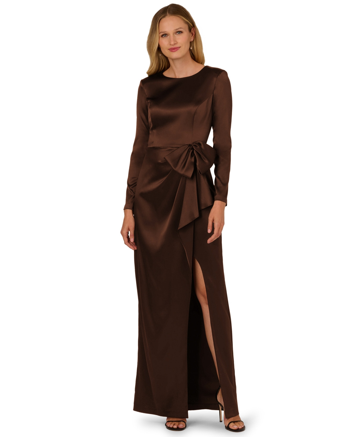 Adrianna Papell Women's Long-Sleeve Ruffle Bow Boat Neck Dress - Chocolate | Macy's