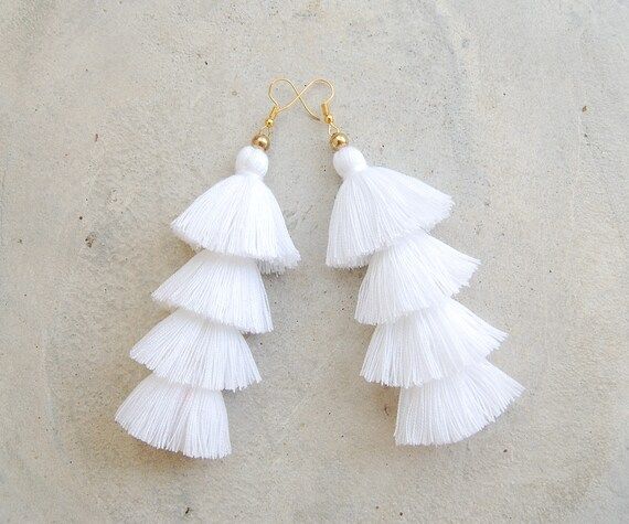 Pure White Four Layered Tassel Earrings | Etsy (US)
