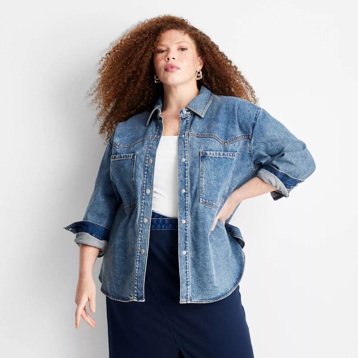 Women's Long Sleeve Collared Western Denim Button-Down Shirt - Future Collective Medium Wash | Target