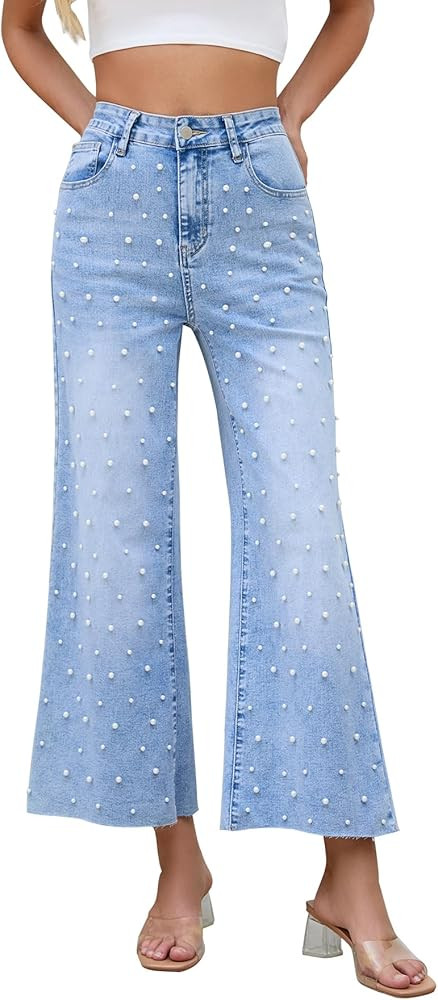 Kedera Womens Wide Leg Pearl Jeans High Waisted Cropped Denim Pants Casual Embellished Jeans with... | Amazon (US)