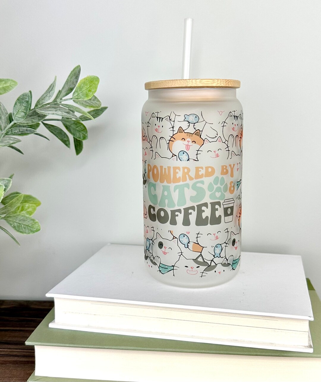 Cats and Coffee Iced coffee glass w/bamboo lid and straw | “Powered by Cats and Coffee” |  Pe... | Etsy (US)