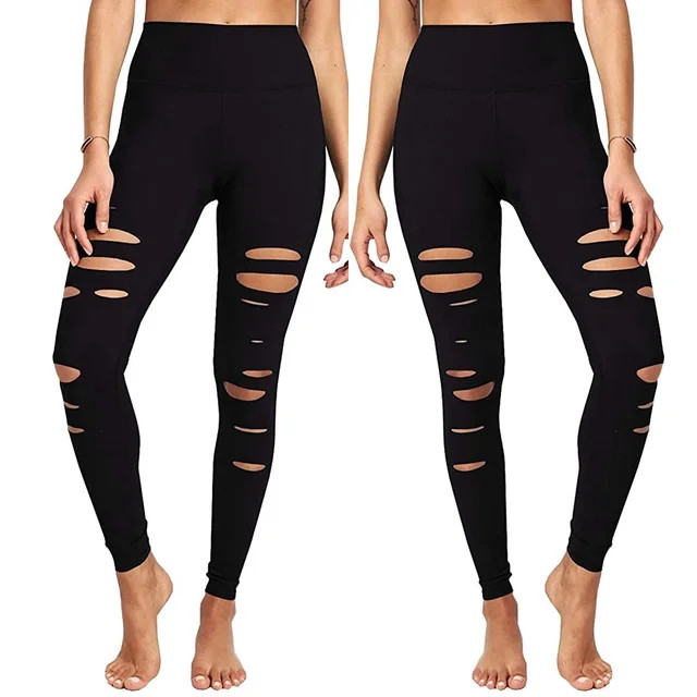 EQWLJWE Womens High Waist Yoga Pants Cutout Ripped Tummy Control Workout Running Yoga Skinny Legg... | Walmart (US)