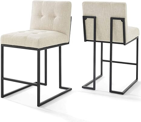 Modway Privy Stainless Steel Upholstered Fabric Counter Stool Set of 2, Black Beige | Amazon (US)